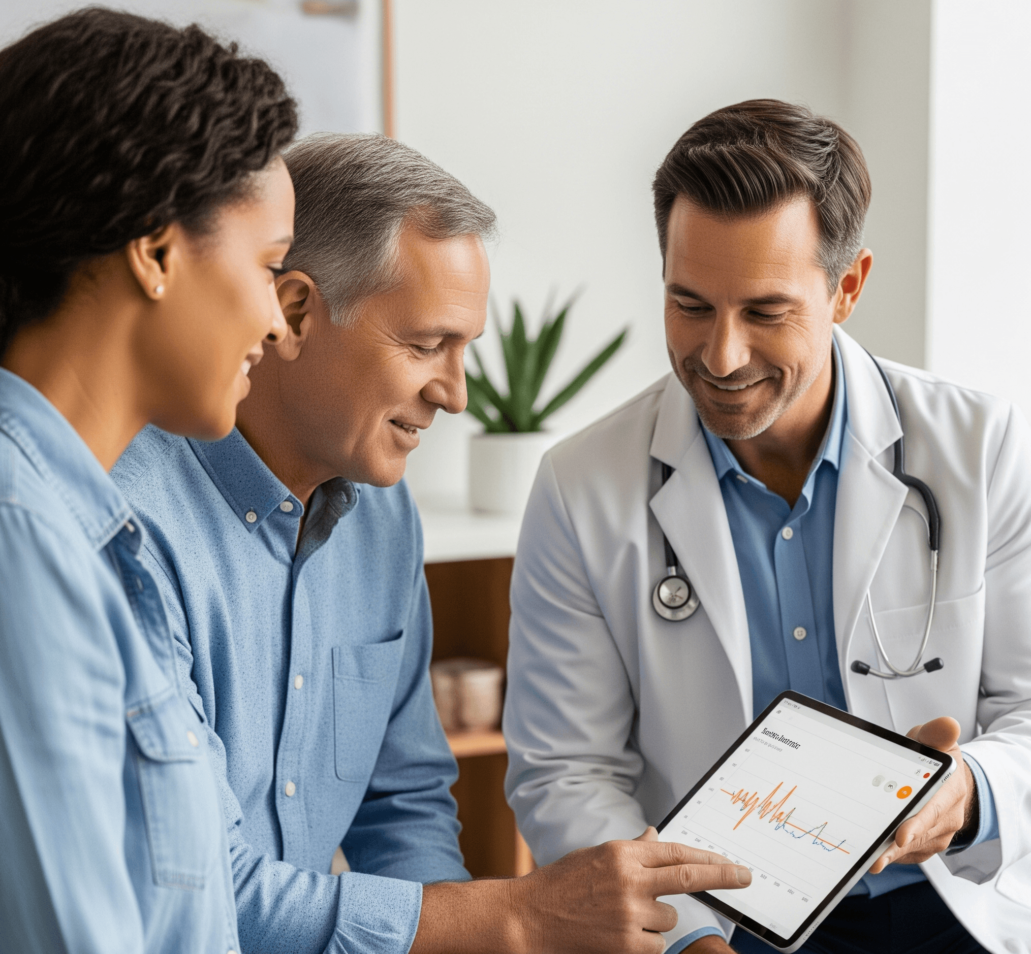 Doctor, patient, and caregiver collaborating on health data using Nostra Health tablet in a modern medical setting